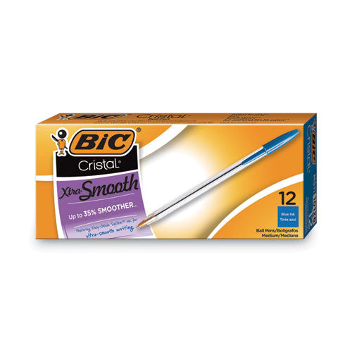 Image of BIC® Cristal Xtra Smooth Ballpoint Pen, Stick, Medium 1 Mm, Blue Ink, Clear Barrel, Dozen