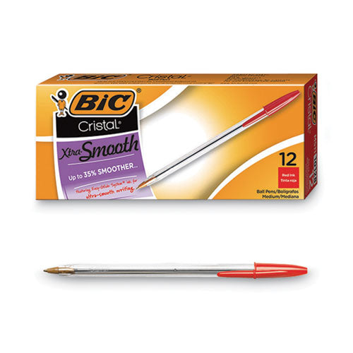 Image of BIC® Cristal Xtra Smooth Ballpoint Pen, Stick, Medium 1 Mm, Red Ink, Clear Barrel, Dozen