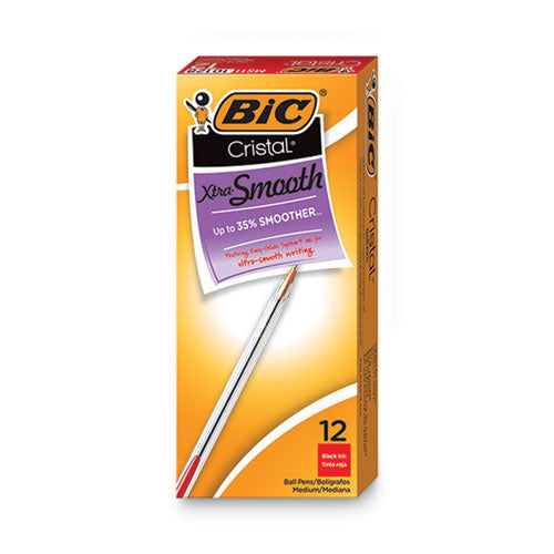 Image of BIC® Cristal Xtra Smooth Ballpoint Pen, Stick, Medium 1 Mm, Red Ink, Clear Barrel, Dozen