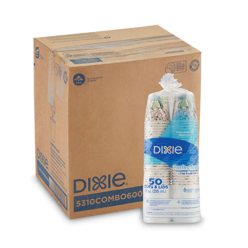 Image of Dixie® PerfecTouch Paper Hot Cups and Lids Combo, 10 oz, Coffee Haze Design, 50/Pack, 6 Packs/Carton