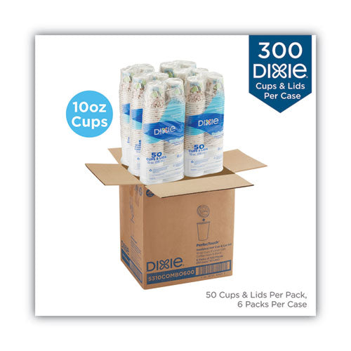 Image of Dixie® PerfecTouch Paper Hot Cups and Lids Combo, 10 oz, Coffee Haze Design, 50/Pack, 6 Packs/Carton