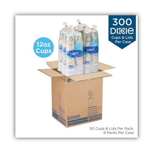Image of Dixie® PerfecTouch Paper Hot Cups and Lids Combo, 12 oz, Coffee Haze Design, 50/Pack, 6 Packs/Carton