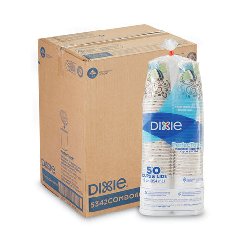 Image of Dixie® PerfecTouch Paper Hot Cups and Lids Combo, 12 oz, Coffee Haze Design, 50/Pack, 6 Packs/Carton