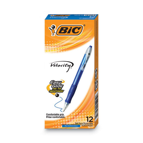 Image of BIC® Velocity Easy Glide Ballpoint Pen, Retractable, Medium 1 Mm, Blue Ink, Translucent Blue Barrel, Dozen