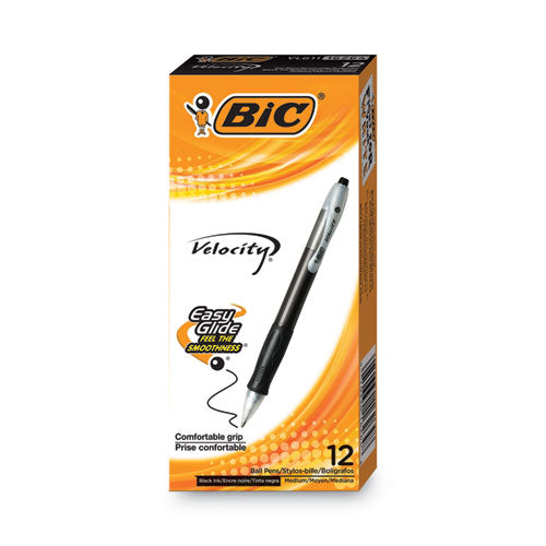 Image of BIC® Velocity Easy Glide Ballpoint Pen, Retractable, Medium 1 Mm, Black Ink, Translucent Black Barrel, Dozen