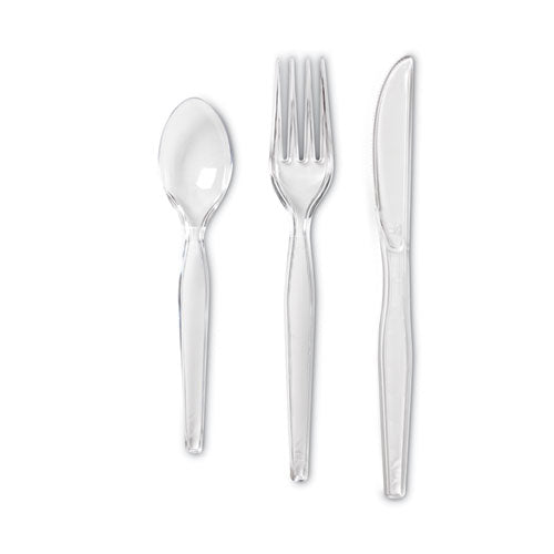 Image of Dixie® Cutlery Keeper Tray with Clear Plastic Utensils, Heavyweight, Fork/Knife/Spoon, Plastic, Crystal Clear, 1,800/Carton