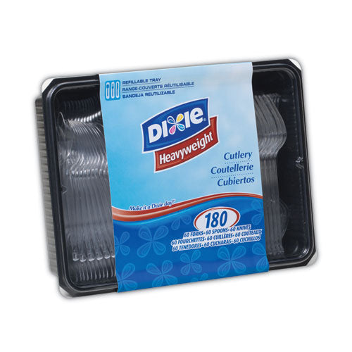 Image of Dixie® Cutlery Keeper Tray with Clear Plastic Utensils, Heavyweight, Fork/Knife/Spoon, Plastic, Crystal Clear, 1,800/Carton