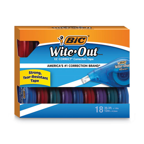 Image of BIC® Wite-Out EZ Correct Correction Tape Value Pack, Non-Refillable, Randomly Assorted Applicator Colors, 0.17" x 472", 18/Pack