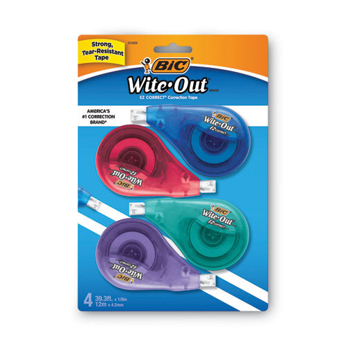 Image of BIC® Wite-Out EZ Correct Correction Tape, Non-Refillable, Randomly Assorted Applicator Colors, 0.17" x 400", 4/Pack