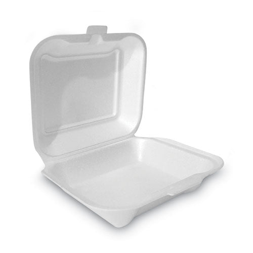 Image of Plastifar Foam Hinged Lid Container, Secure One Tab Latch, Poly Bag, 7.81 X 8.75 X 3.38, White, 100/sleeve, 2 Sleeves/bag, 1 Bag/pack