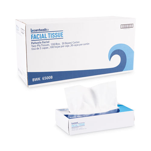 Image of Boardwalk® Office Packs Facial Tissue, 2-Ply, White, Flat Box, 100 Sheets/box, 30 Boxes/carton