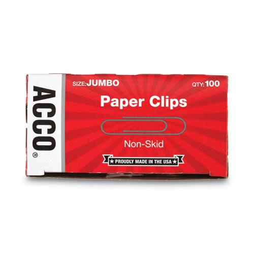 Image of ACCO Paper Clips, Jumbo, Nonskid, Silver, 100 Clips/Box, 10 Boxes/Pack
