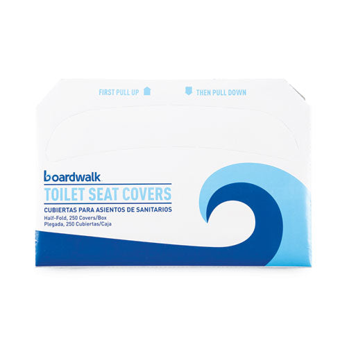 Image of Boardwalk® Premium Half-Fold Toilet Seat Covers, 14.17 x 16.73, White, 250 Covers/Sleeve, 10 Sleeves/Carton