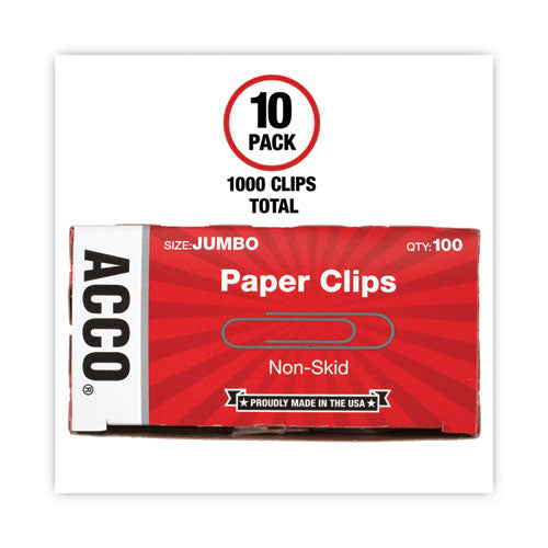 Image of ACCO Paper Clips, Jumbo, Nonskid, Silver, 100 Clips/Box, 10 Boxes/Pack