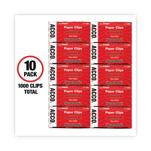 Image of ACCO Paper Clips, Jumbo, Nonskid, Silver, 100 Clips/Box, 10 Boxes/Pack