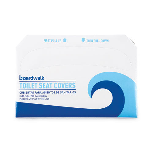 Image of Boardwalk® Premium Half-Fold Toilet Seat Covers, 14.17 x 16.73, White, 250 Covers/Sleeve, 20 Sleeves/Carton