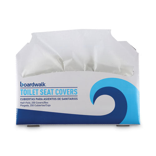 Image of Boardwalk® Premium Half-Fold Toilet Seat Covers, 14.17 x 16.73, White, 250 Covers/Sleeve, 20 Sleeves/Carton