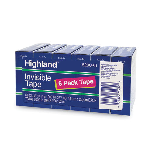 Image of Highland Invisible Permanent Mending Tape, 1" Core, 0.75" X 83.33 Ft, Clear, 6/pack