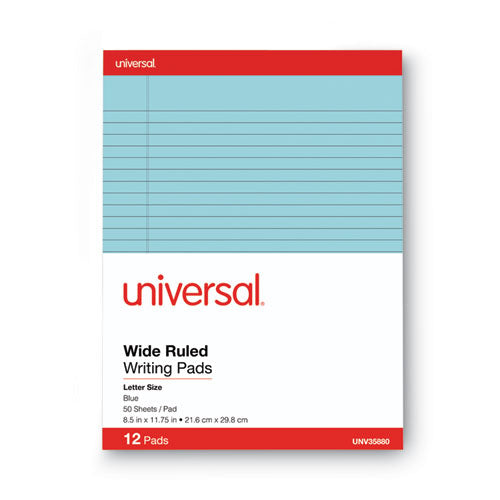 Image of Universal® Colored Perforated Ruled Writing Pads, Wide/legal Rule, 50 Blue 8.5 X 11 Sheets, Dozen