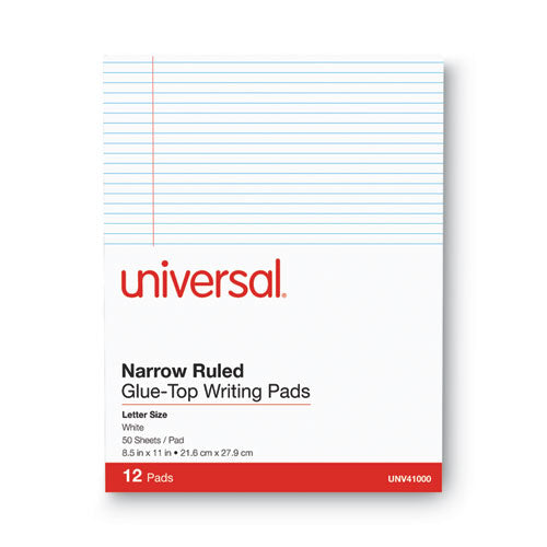Image of Universal® Glue Top Pads, Narrow Rule, 50 White 8.5 X 11 Sheets, Dozen