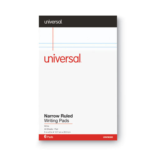 Image of Universal® Premium Ruled Writing Pads With Heavy-Duty Back, Narrow Rule, Black Headband, 50 White 5 X 8 Sheets, 6/pack