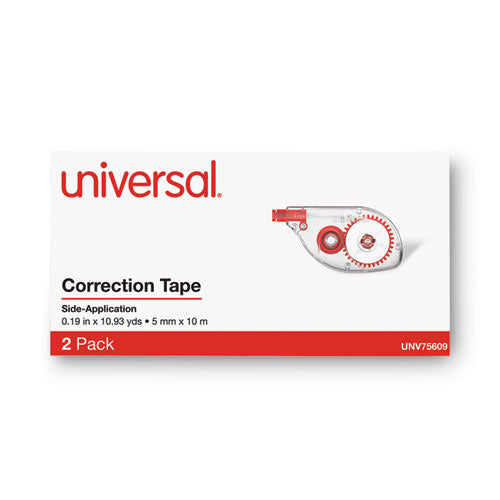 Image of Universal® Side-Application Correction Tape, Transparent Gray/Red Applicator, 0.2" x 393", 2/Pack