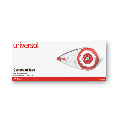 Image of Universal® Correction Tape, Mini Economy, Non-Refillable, Clear/Red Applicator, 0.25" x 275", 10/Pack