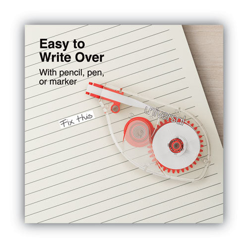 Image of Universal® Side-Application Correction Tape, Non-Refillable, Transparent Gray/Red Applicator, 0.2" x 393", 10/Pack