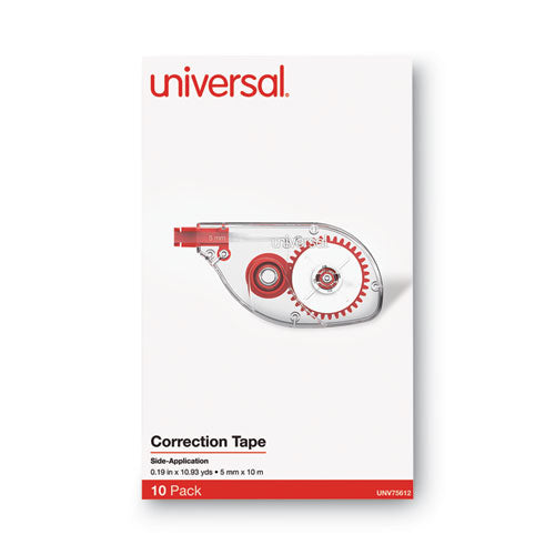 Image of Universal® Side-Application Correction Tape, Non-Refillable, Transparent Gray/Red Applicator, 0.2" x 393", 10/Pack