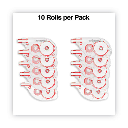 Image of Universal® Side-Application Correction Tape, Non-Refillable, Transparent Gray/Red Applicator, 0.2" x 393", 10/Pack
