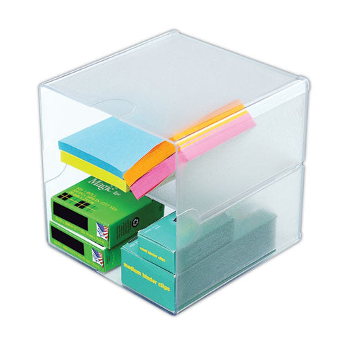 Image of deflecto® Stackable Cube Organizer, Divided, 2 Compartments, Plastic, 6 x 6 x 6, Clear