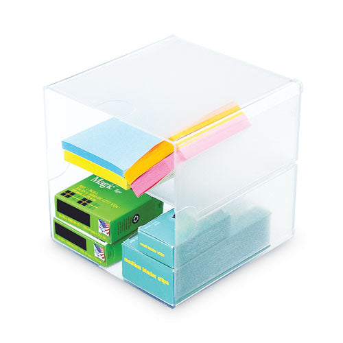 Image of deflecto® Stackable Cube Organizer, Divided, 2 Compartments, Plastic, 6 x 6 x 6, Clear