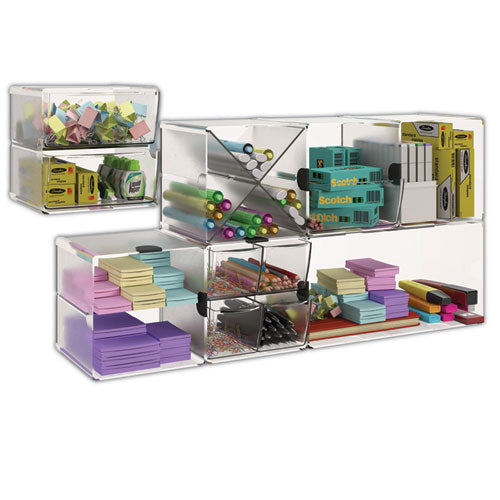 Image of deflecto® Stackable Cube Organizer, Divided, 2 Compartments, Plastic, 6 x 6 x 6, Clear