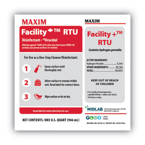 Image of Maxim® Facility+ RTU Disinfectant, Safe-to-Ship, Unscented, 32 oz, 6/Carton