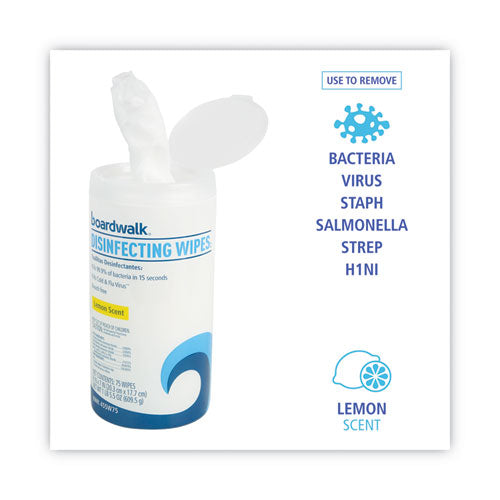 Image of Boardwalk® Quat-Based Disinfecting Wipes, 7 x 8, Lemon Scent, 75/Canister, 6 Canisters/Carton