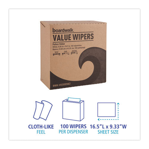 Image of Boardwalk® DRC Wipers, 9.33 x 16.5, White, 100 Dispenser Packs, 9 Dispenser Packs/Carton