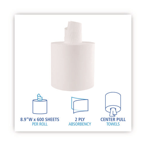 Image of Boardwalk® Center-Pull Roll Towels, 2-Ply, 7.6 x 8.9, White, 600/Roll, 6/Carton
