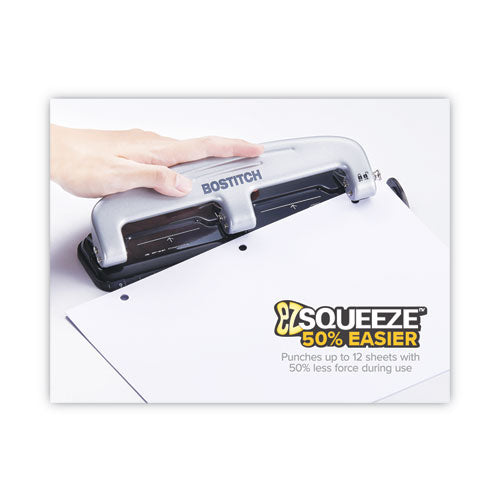 Image of Bostitch® 12-Sheet Ez Squeeze Three-Hole Punch, 9/32" Holes, Black/silver