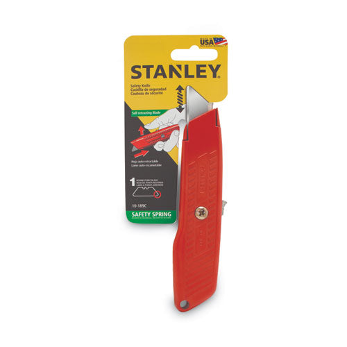 Image of Stanley® Interlock Safety Utility Knife with Self-Retracting Round Point Blade, 5.63" Metal Handle, Red Orange