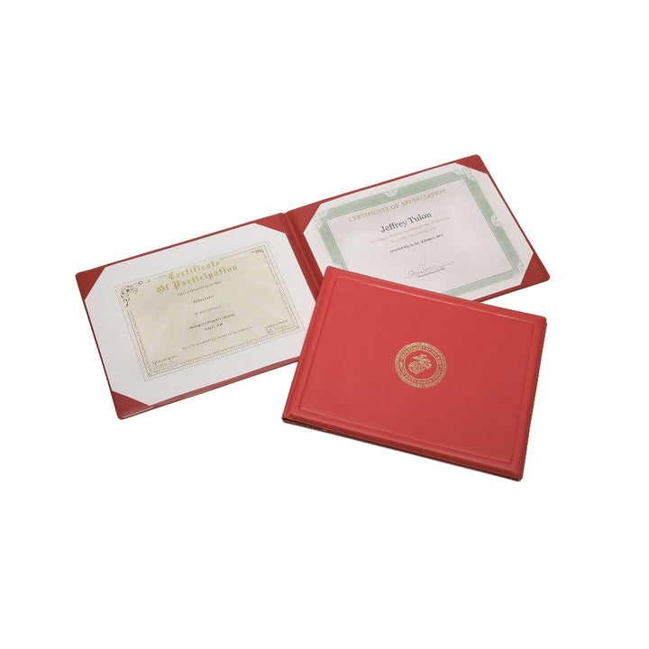 Image of Award Certificate Binder, Gold USMC Seal, 11" x 8-1/2", Red