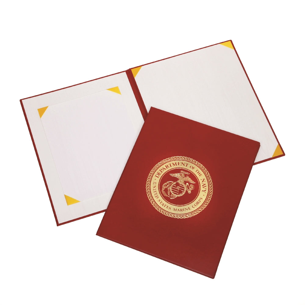 Image of Awards Certificate Binder, Satin Finish, Gold USMC Seal, 11.5" x 14.5", Red