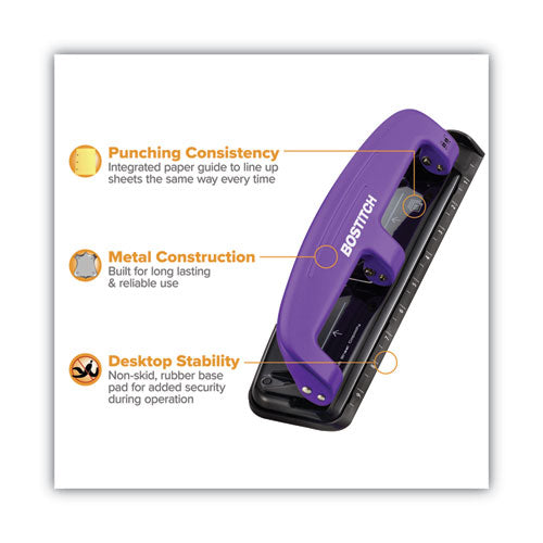 Image of Bostitch® 12-Sheet Ez Squeeze Three-Hole Punch, 9/32" Holes, Purple/black