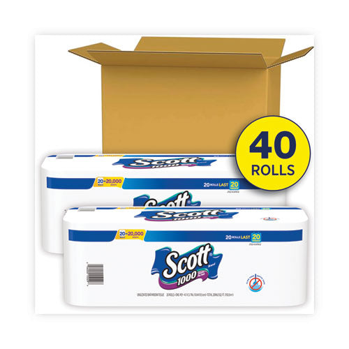Image of Scott® Standard Roll Bathroom Tissue, Septic Safe, 1-Ply, White, 1,000 Sheets/Roll, 20/Pack, 2 Packs/Carton