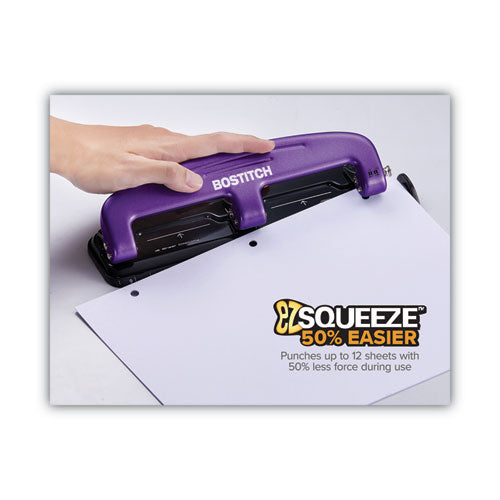Image of Bostitch® 12-Sheet Ez Squeeze Three-Hole Punch, 9/32" Holes, Purple/black