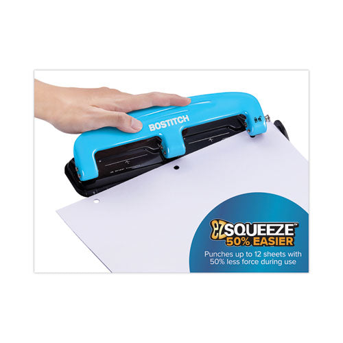 Image of Bostitch® 12-Sheet Ez Squeeze Three-Hole Punch, 9/32" Holes, Blue/black