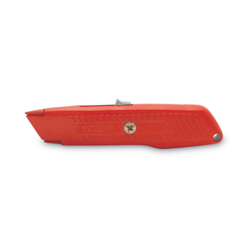 Image of Stanley® Interlock Safety Utility Knife with Self-Retracting Round Point Blade, 5.63" Metal Handle, Red Orange