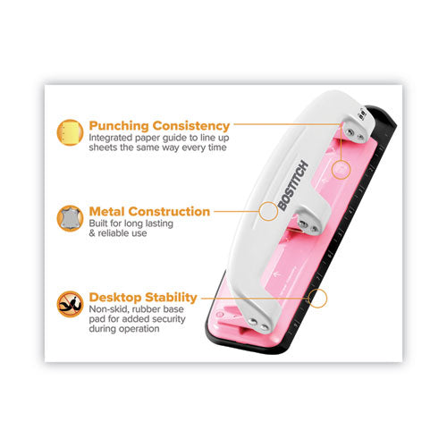 Image of Bostitch® 12-Sheet EZ Squeeze InCourage Three-Hole Punch, Breast Cancer Awareness, 9/32" Holes, Pink
