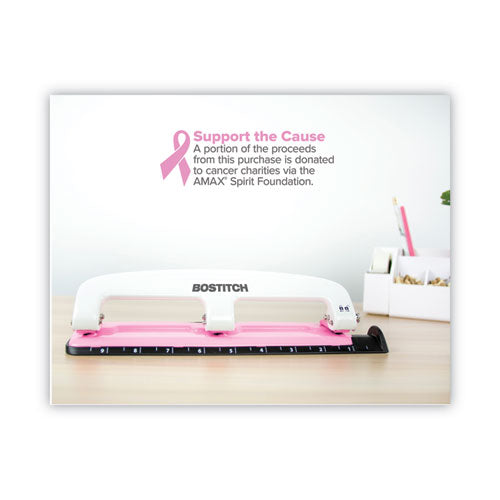 Image of Bostitch® 12-Sheet EZ Squeeze InCourage Three-Hole Punch, Breast Cancer Awareness, 9/32" Holes, Pink