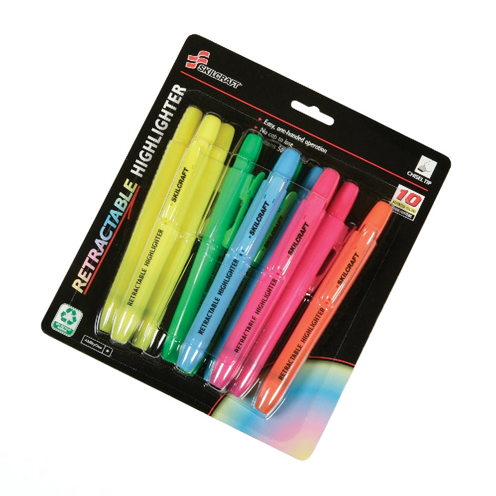 Image of Retractable Chisel Tip Highlighter, 10 Pack Assortment - Blue (2) Green(2) Orange (1) Pink (2) Yellow (3) Ink