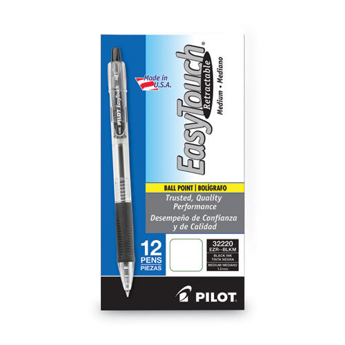 Image of Pilot® Easytouch Ballpoint Pen, Retractable, Medium 1 Mm, Black Ink, Clear Barrel, Dozen